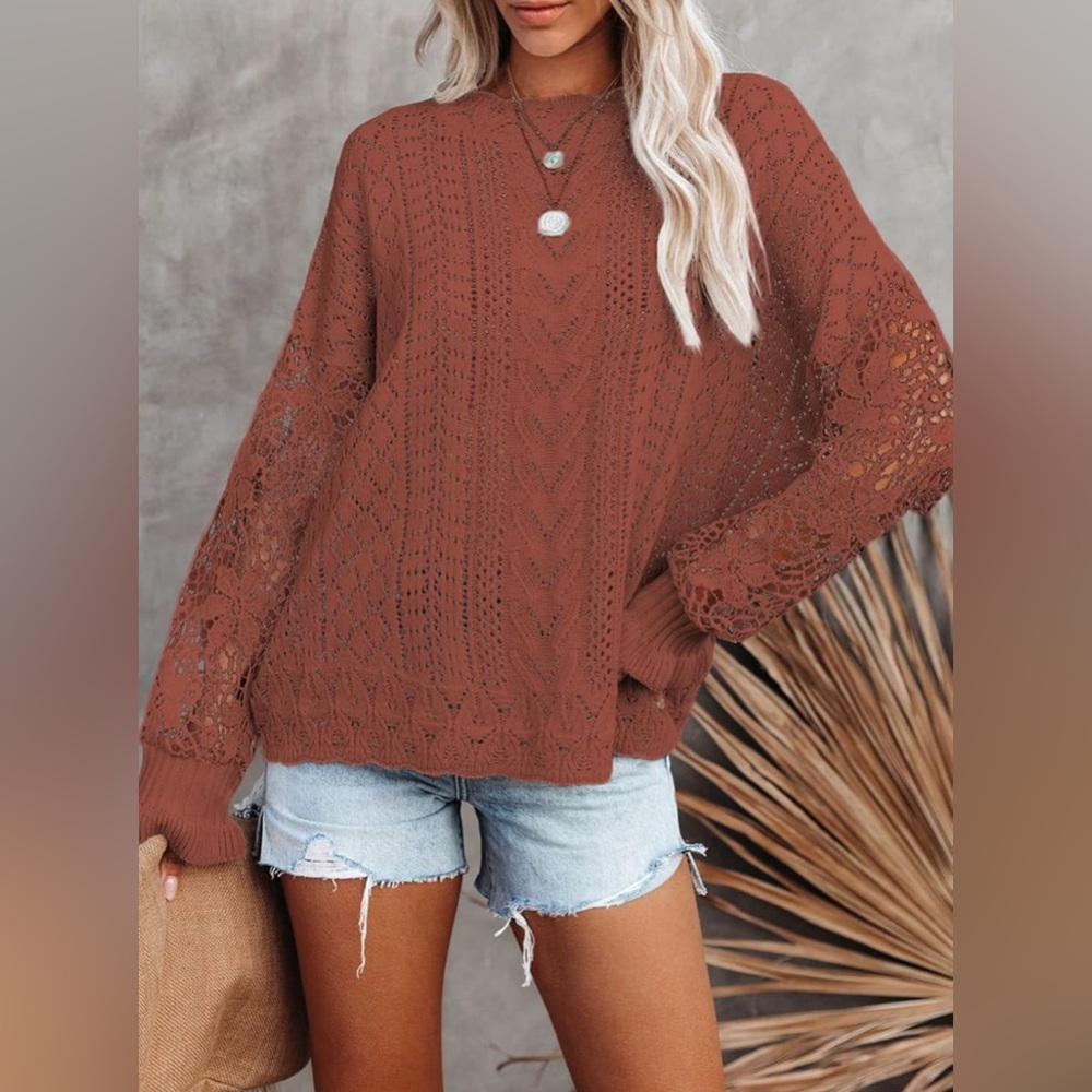 NEW Women Lace Crochet Casual Sweaters Long Sleeve Crewneck Pullover Knit Top